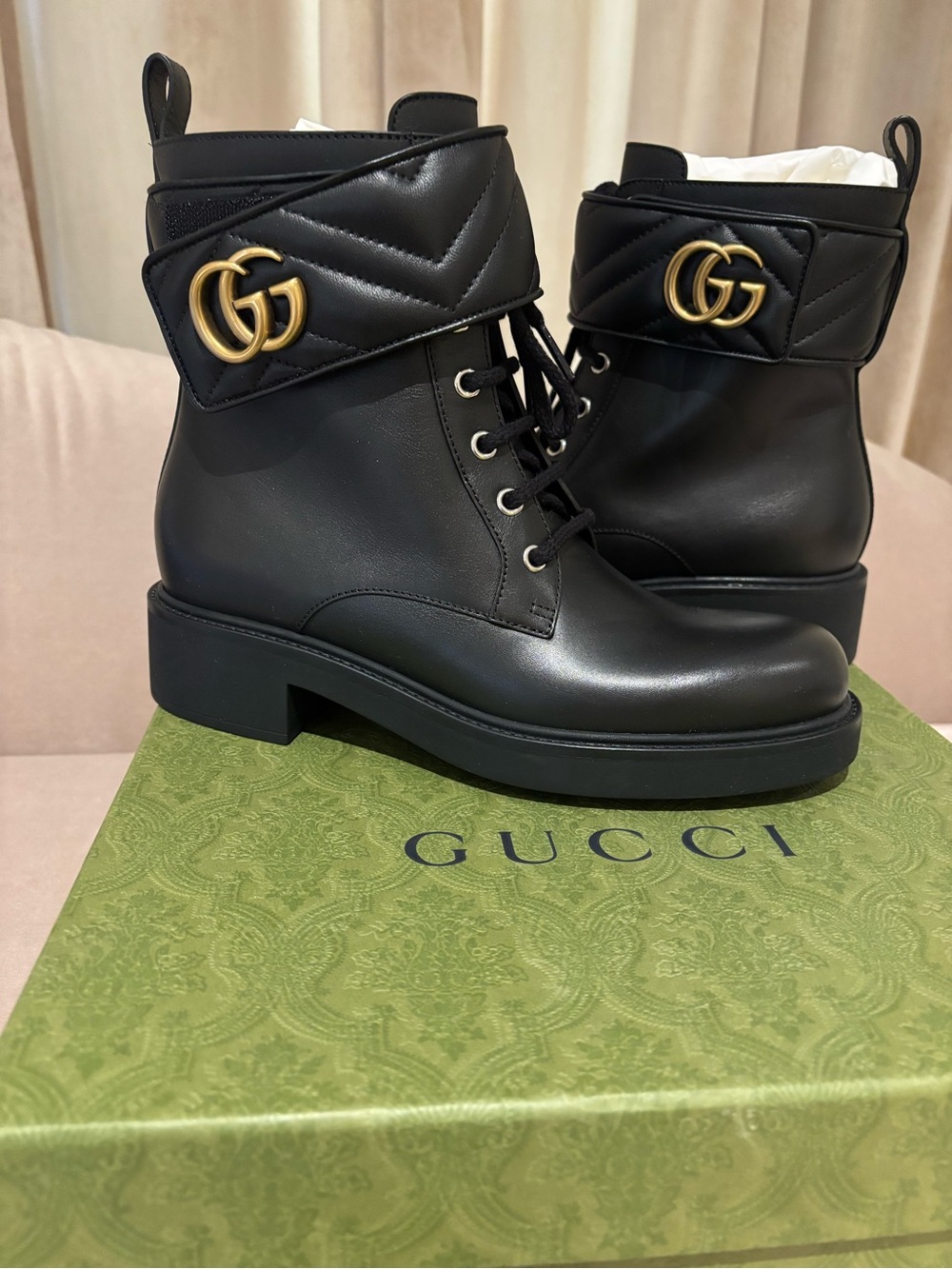 Gucci Black Leather Lace-Up Ankle Boots with Gold GG